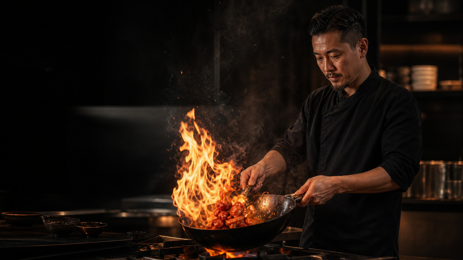 Chef cooking Haka chili chicken over a flaming wok