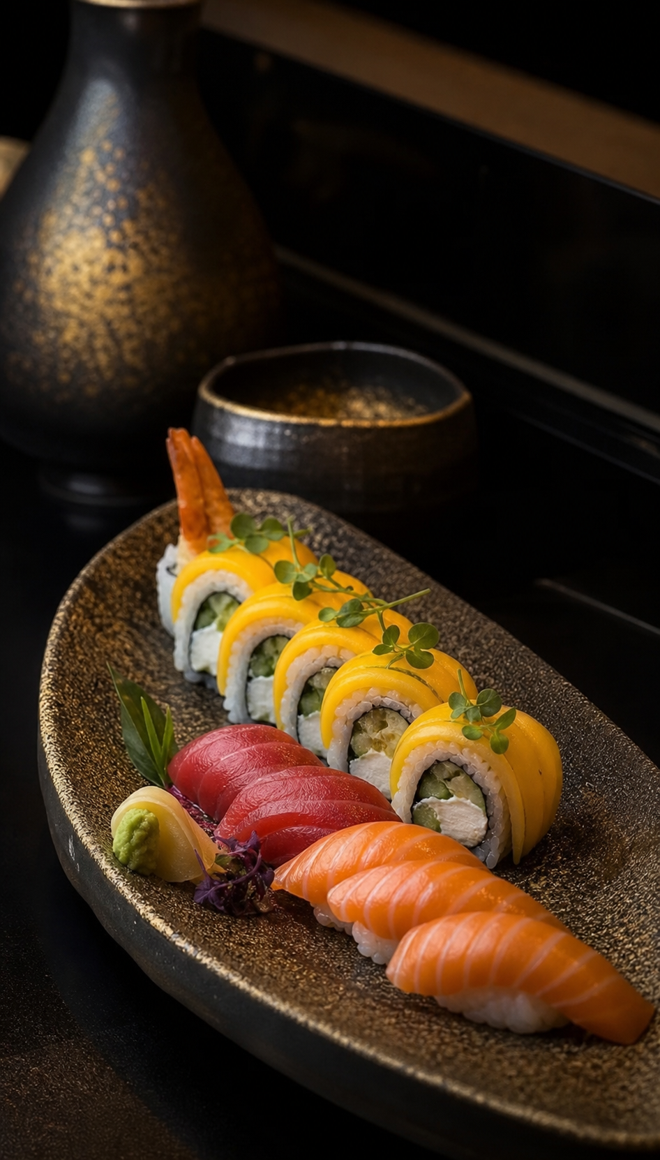 Mango Tango signature roll with tuna and salmon nigiri
